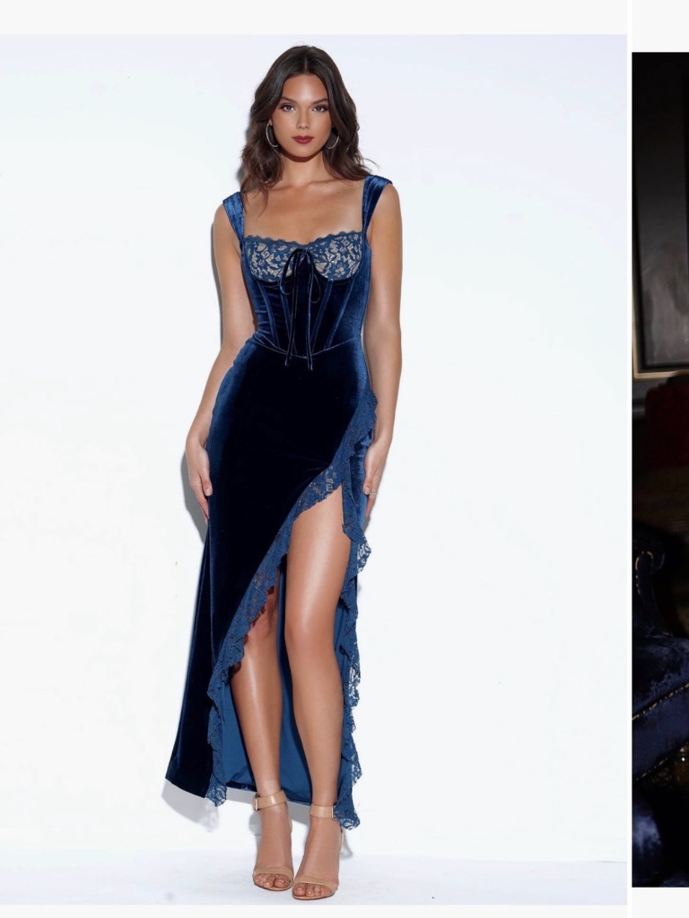 Navy Velvet Lace Corset Slit Evening Gown